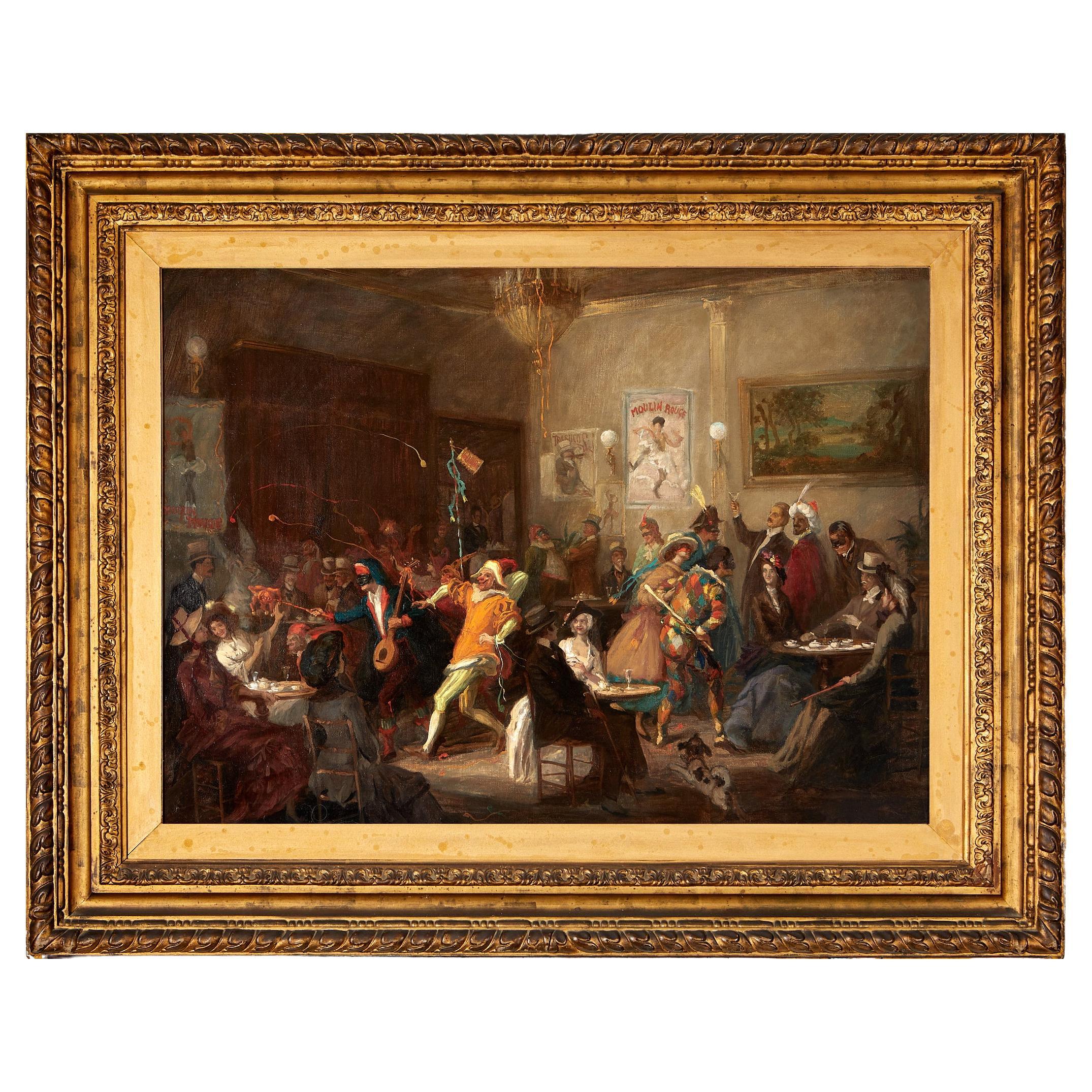 Carnival evening scene in a study in Montmartre in the style of Abel Truch. For Sale