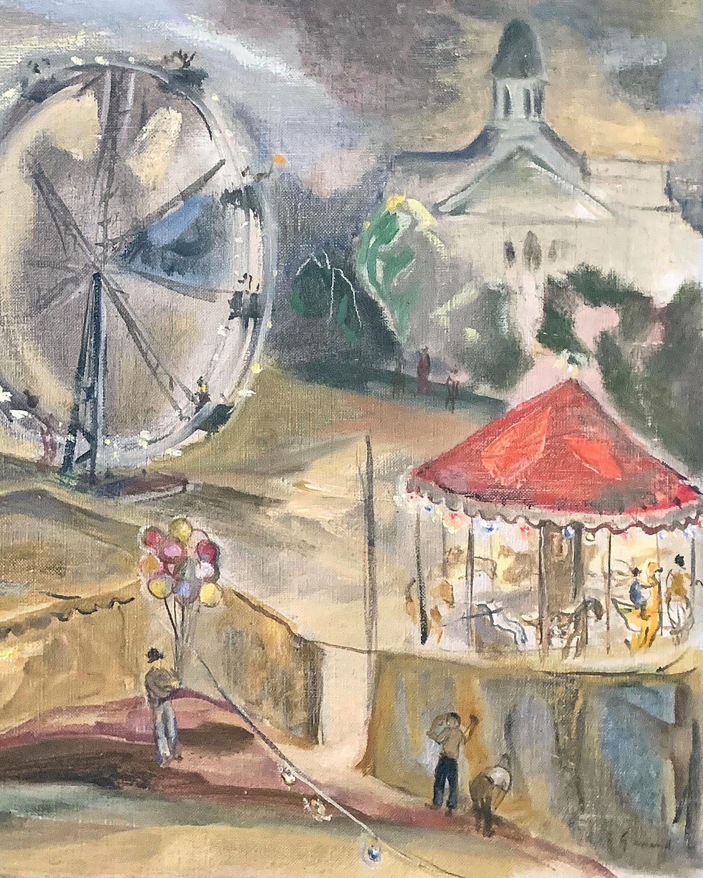 A celebration of 1930s America, full of atmosphere and color, this painting by John Gernand depicts a carnival in Manchester, New Hampshire, including a carousel, Ferris wheel, tents, and colorful posters beckoning to passers-by. Gernand was one of
