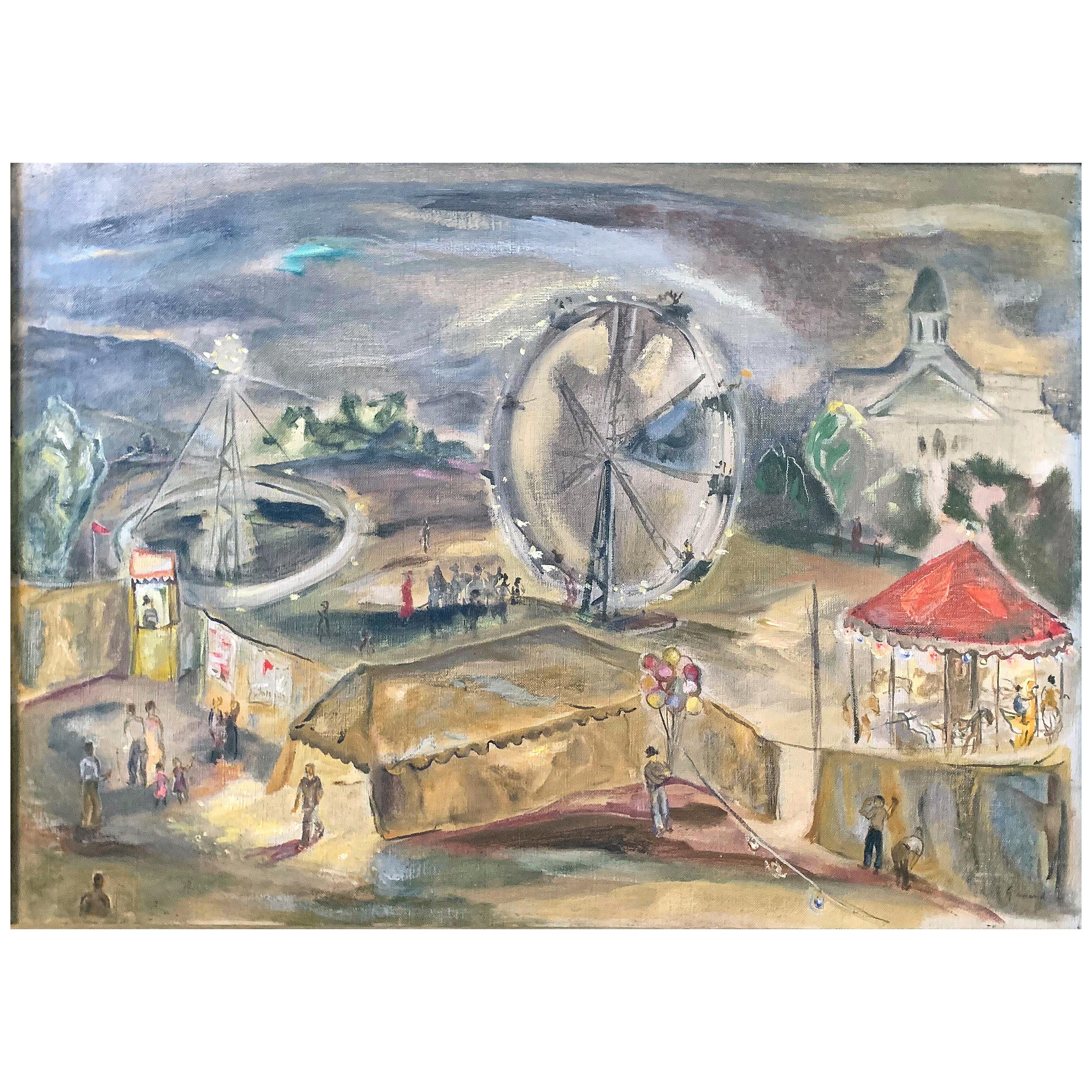 "Carnival in Manchester, " Atmospheric, WPA-Era Painting with Carousel by Gernand For Sale