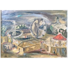 "Carnival in Manchester, " Atmospheric, WPA-Era Painting with Carousel by Gernand