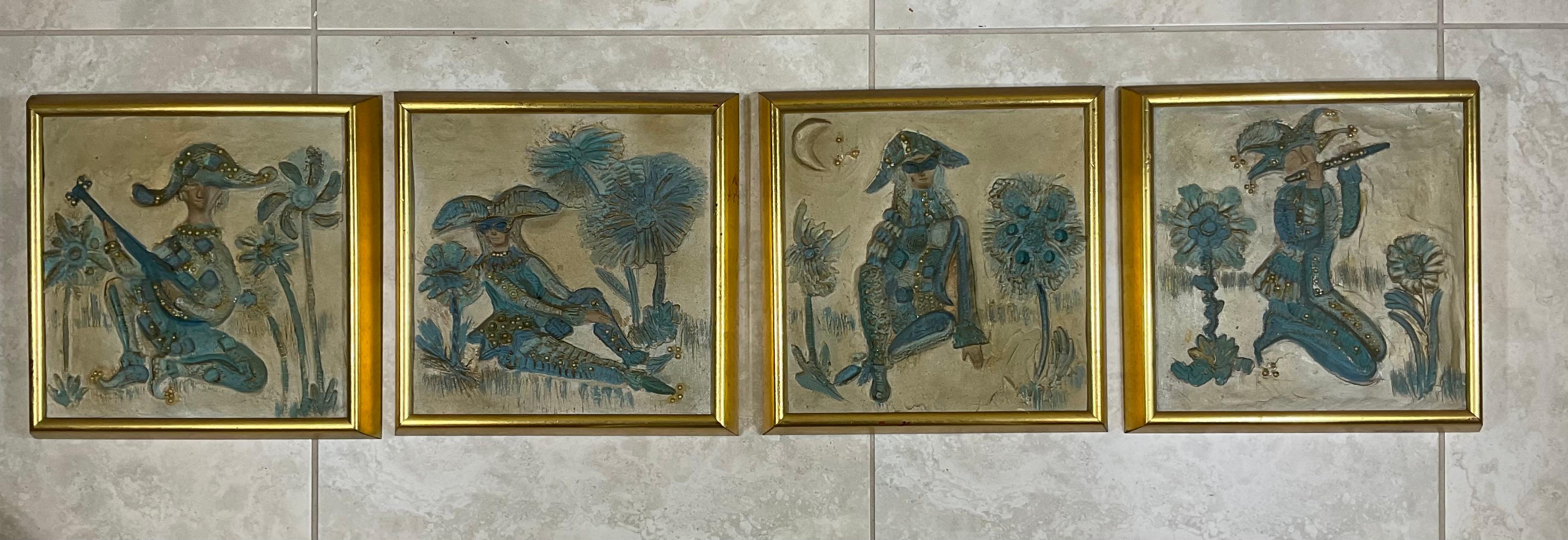 Set of four hand made and painted tiles professionally framed it wood frame , depicting caricatures from The Carnival of Venice. Which is annual festival held in
Venice, Italy.
The festival is world-famous for its
elaborate masks. The celebration