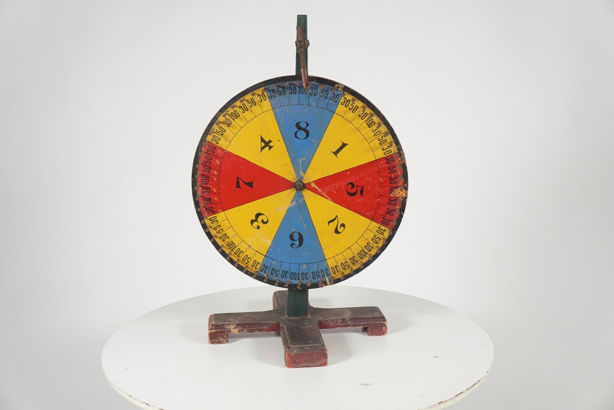 Wheel of chance carnival wheel wonderful primary colors
Diameter of wheel is 16 inches.