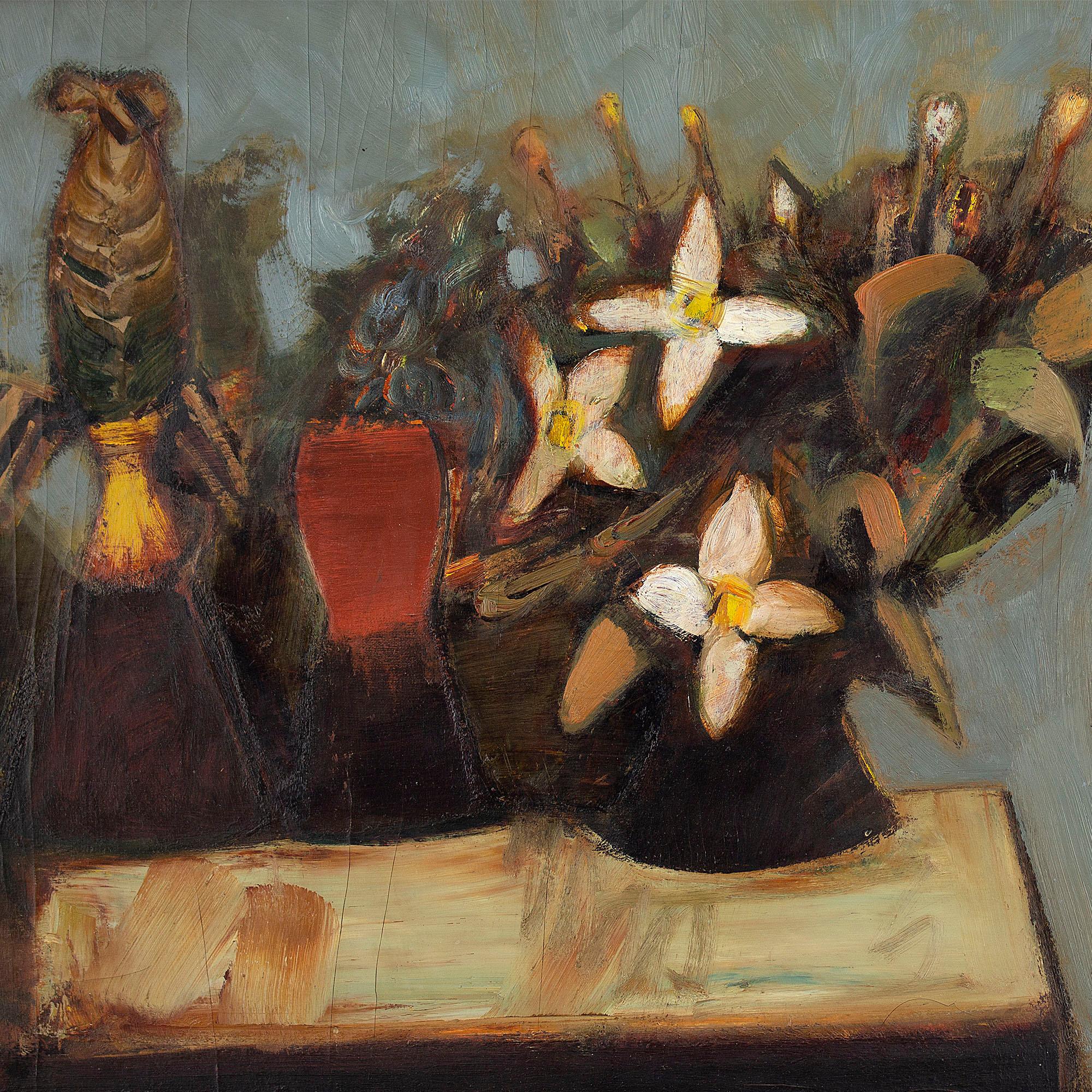 This late 20th-century still life by Armenian artist Caro Mekertchian depicts an assortment of flora including a striking red flower. There’s a dynamism to this work created through tension. The grounded flower protrudes, almost as if leaping