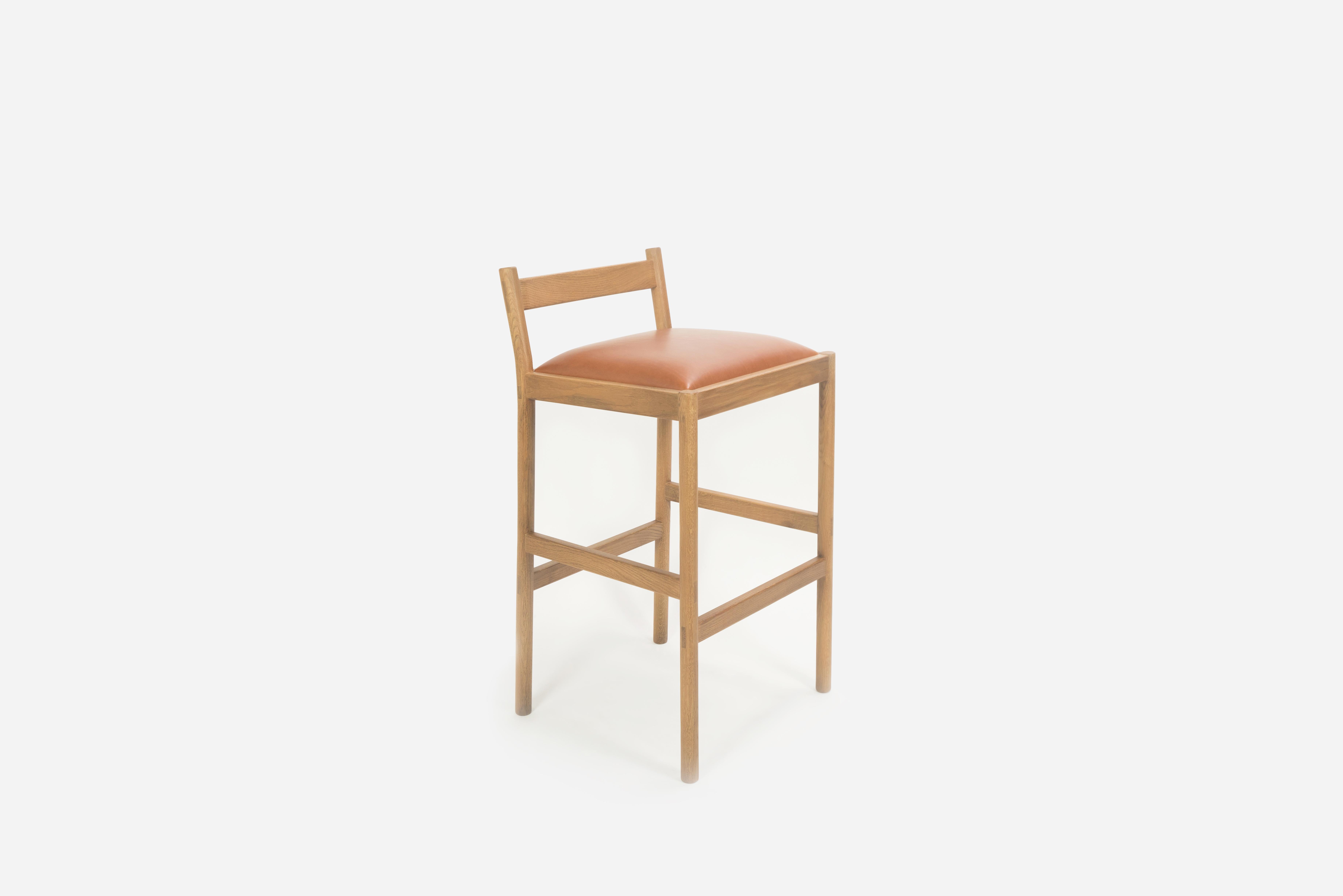 Chinese Carob Counter Stool by Sun at Six, Sienna Minimalist Stool in Oak Wood For Sale