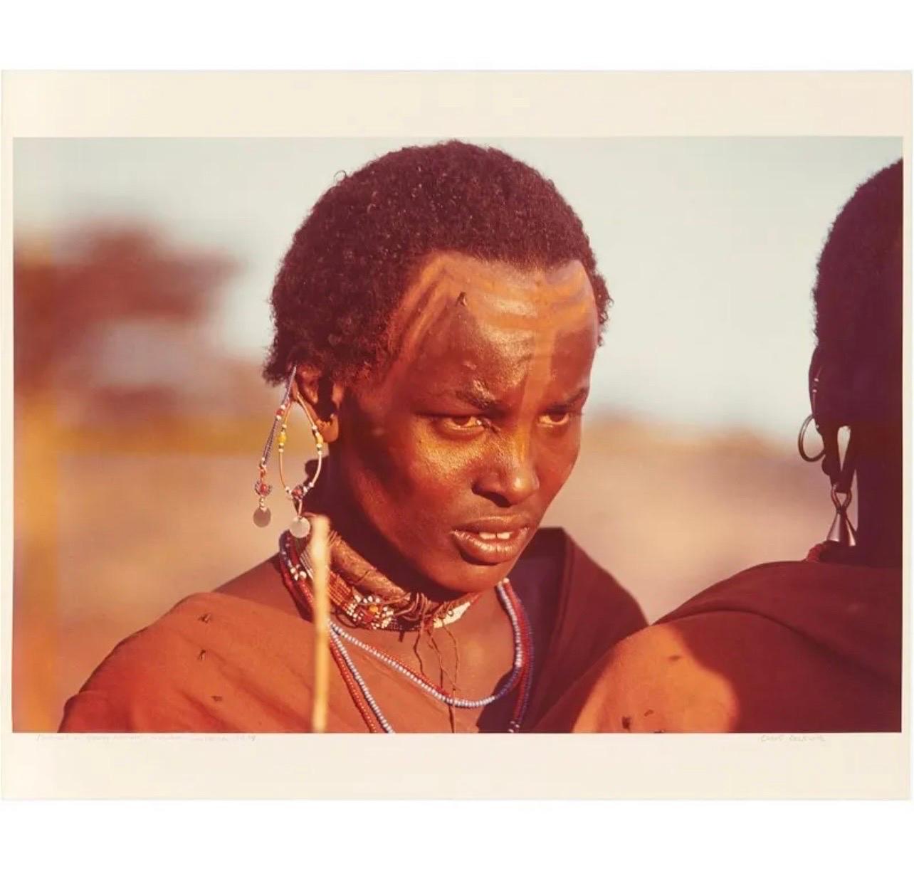 Rare Vintage Color C Print Photograph African Maasai Warrior Chromogenic Photo  - Red Portrait Photograph by Carol Beckwith