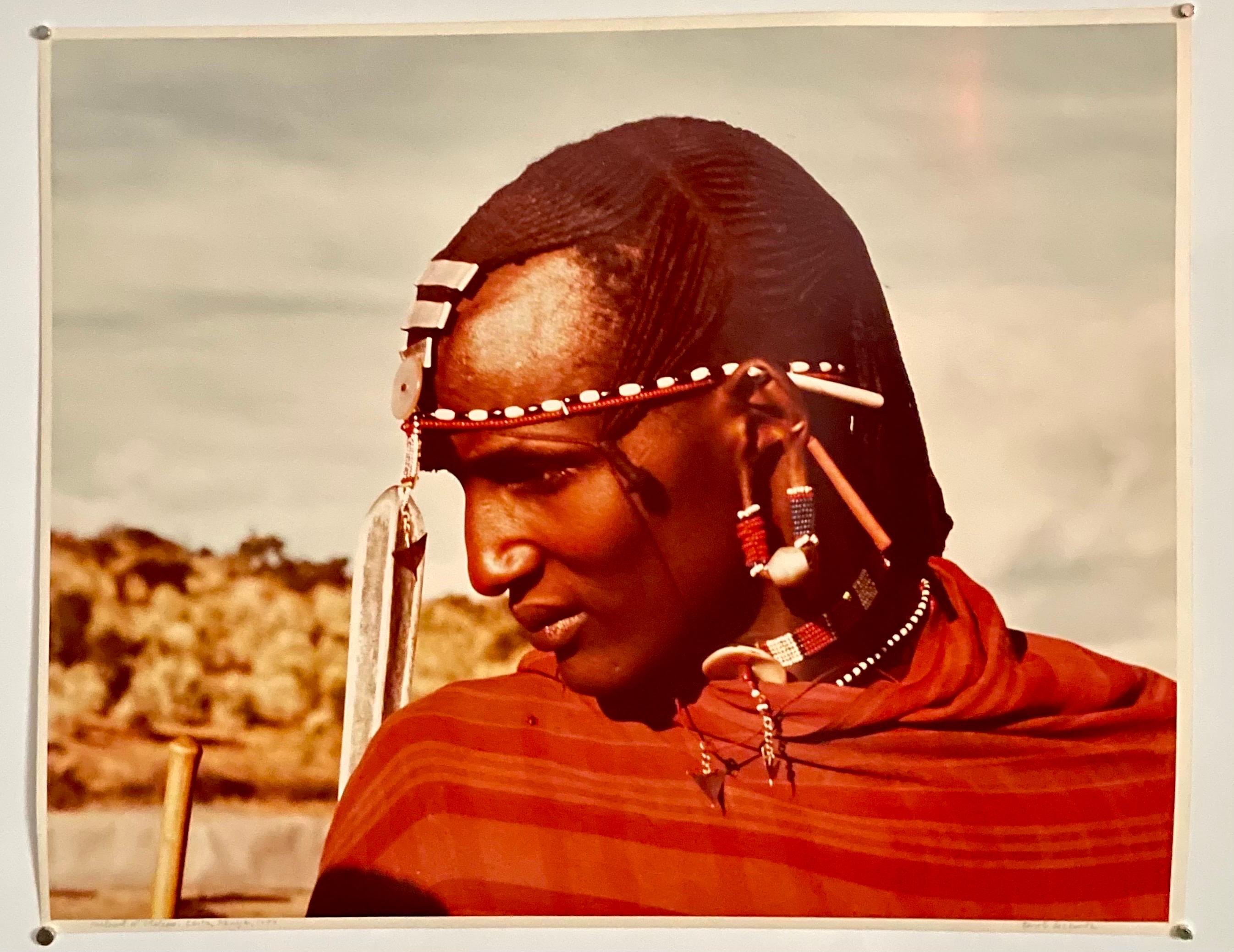 Rare Vintage Color C Print Photograph African Maasai Warrior Chromogenic Photo  - Beige Portrait Photograph by Carol Beckwith