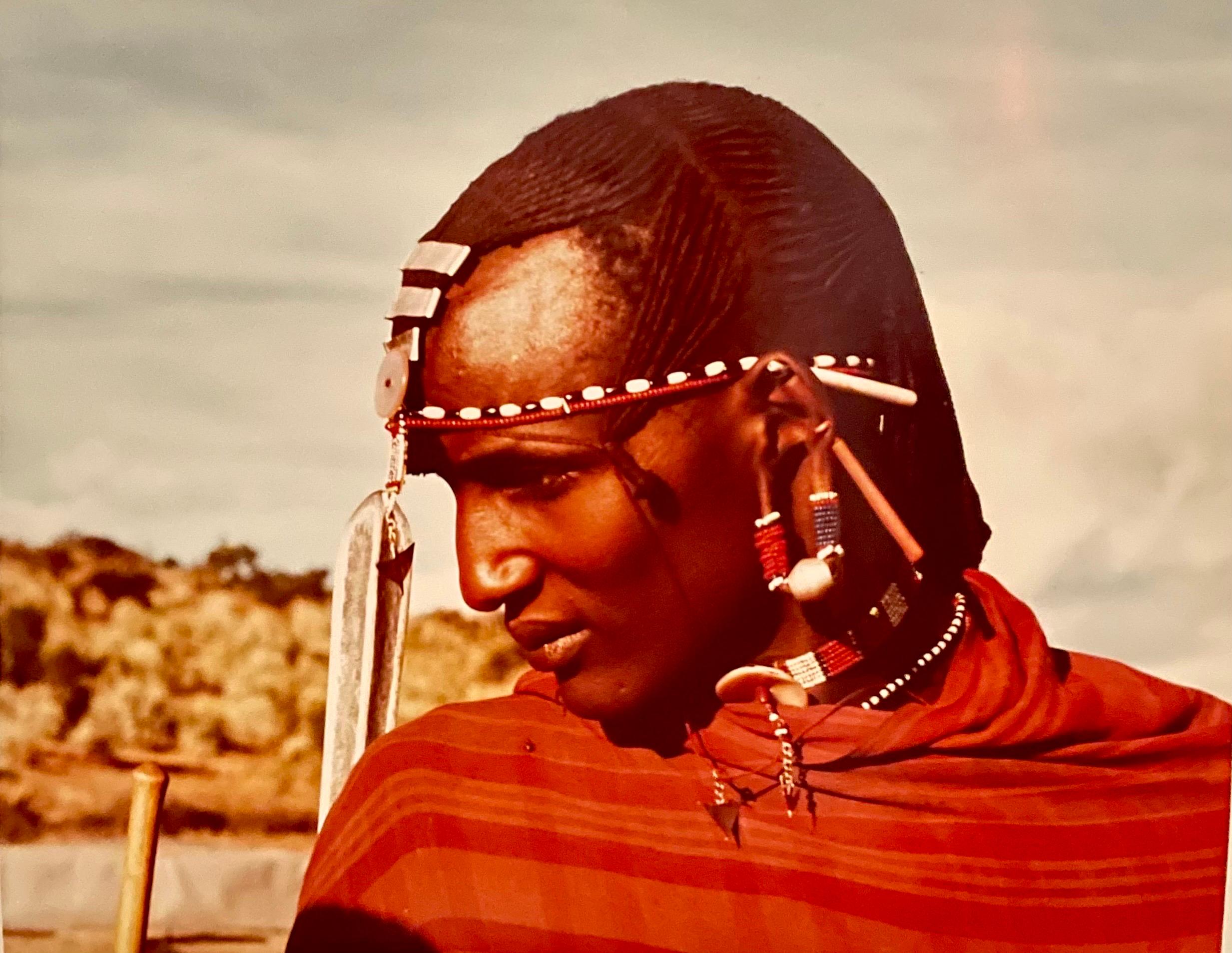 Carol Beckwith Portrait Photograph - Rare Vintage Color C Print Photograph African Maasai Warrior Chromogenic Photo 