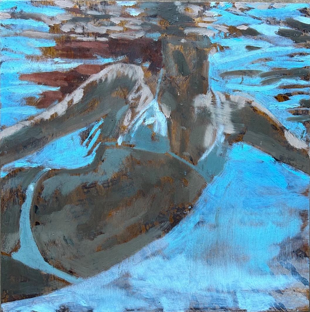 Portrait Painting di Carol Bennett - "Amy", profilo laterale di una donna in costume da bagno bianco che si alza in volo per prendere aria