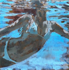 "Amy" side profile of a woman with white bathing suit floating up for air