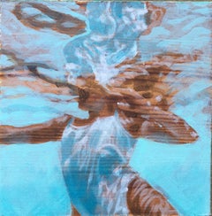 "Archer (Paper)" oil painting of a woman in a white swimsuit in a blue pool