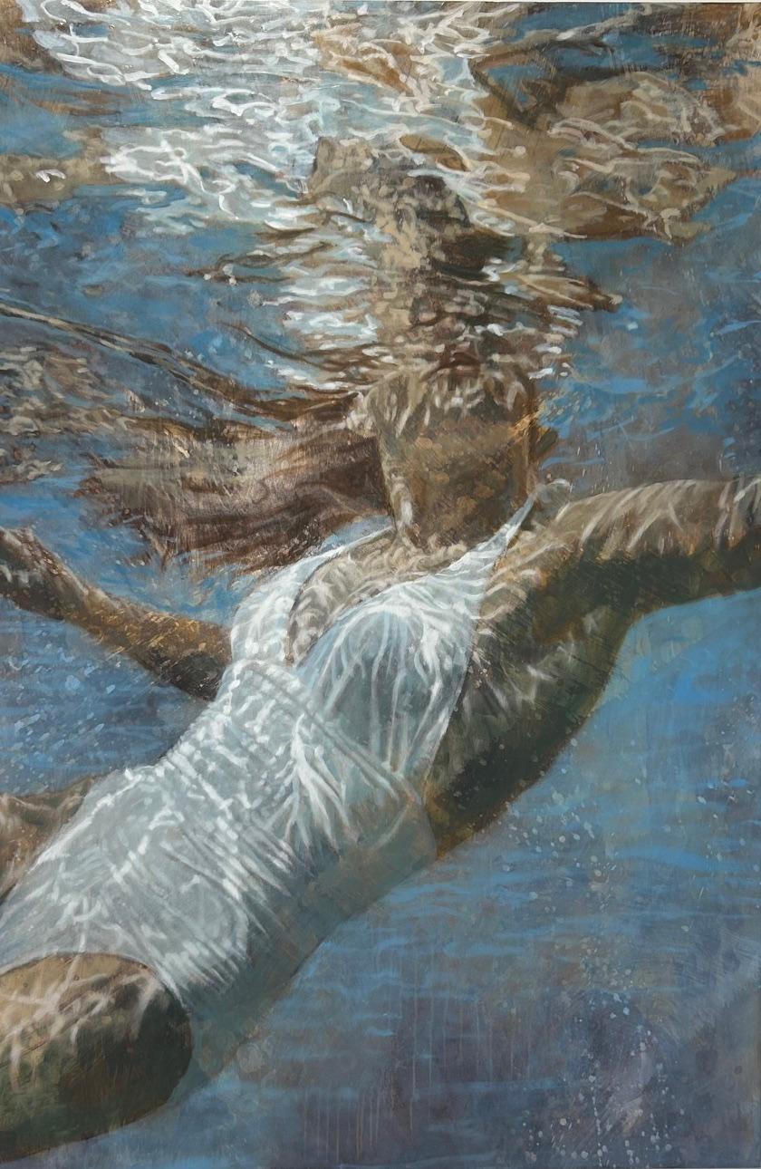 "Archer" nuotatore in costume da bagno bianco riflesso nell'acqua blu sottomarino