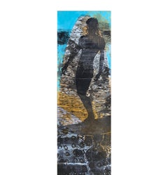 "Women Holding Up Women/Baby Blue" Blue and gold mixed media painting of surfer