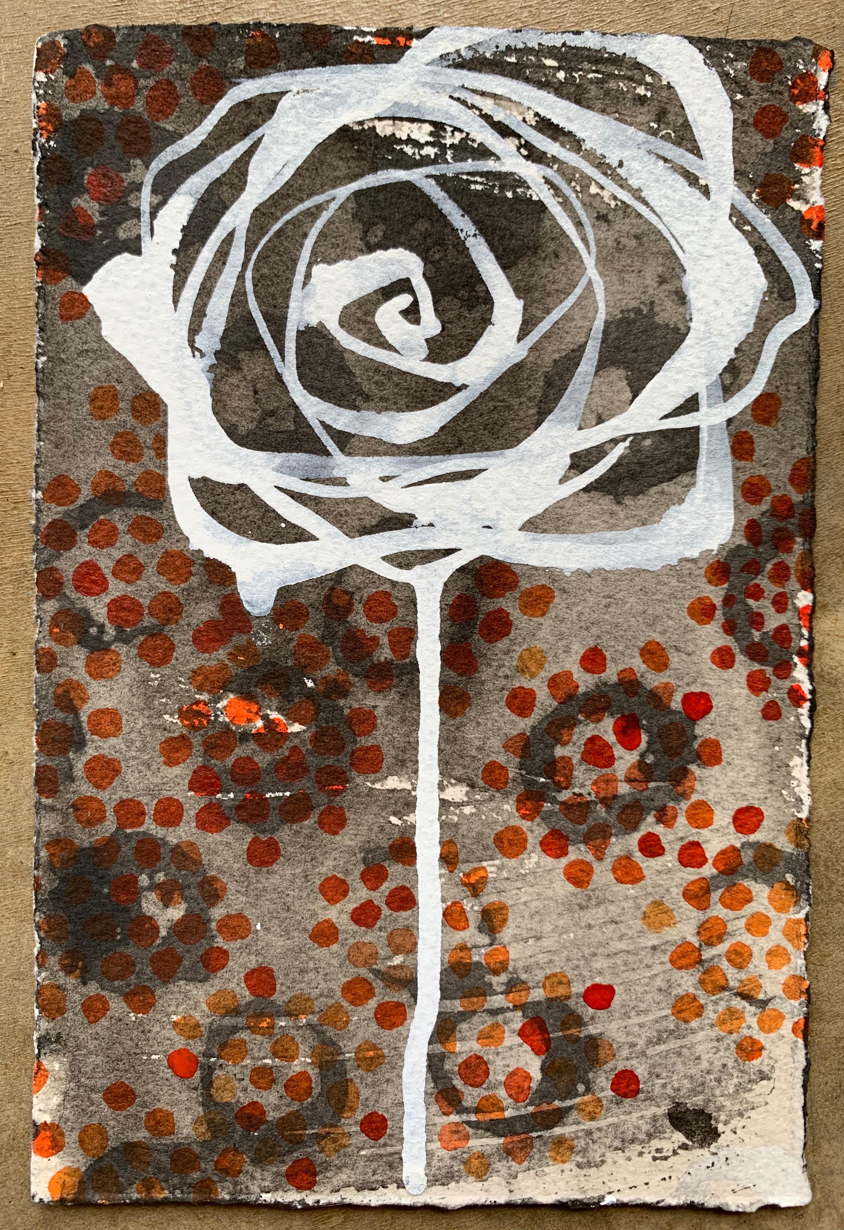 "Bad Ass Rose (paper)" Acrylic painting on paper of a white rose with red dots 