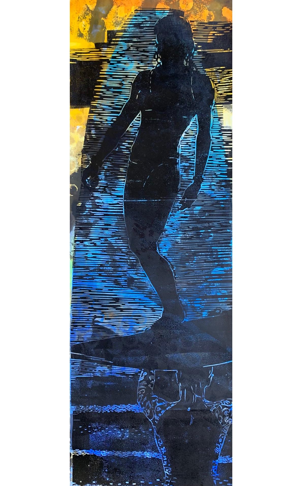 Carol Bennett Figurative Painting - "Blue Board" Ink and Oil Woman on a surfboard held up by another woman. 