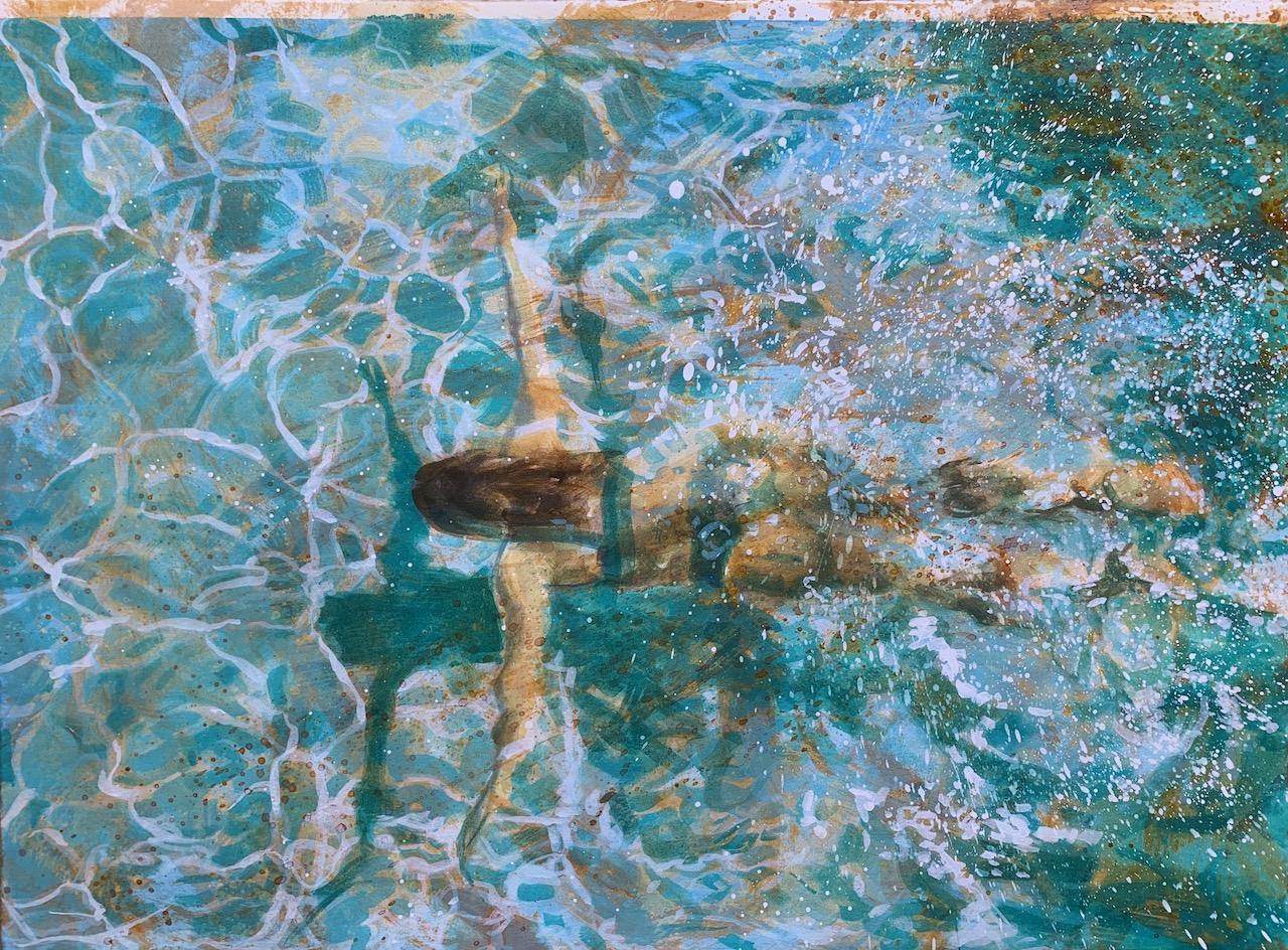 Carol Bennett Abstract Painting - "Break Time (paper)" abstract painting of a woman swimming in teal water