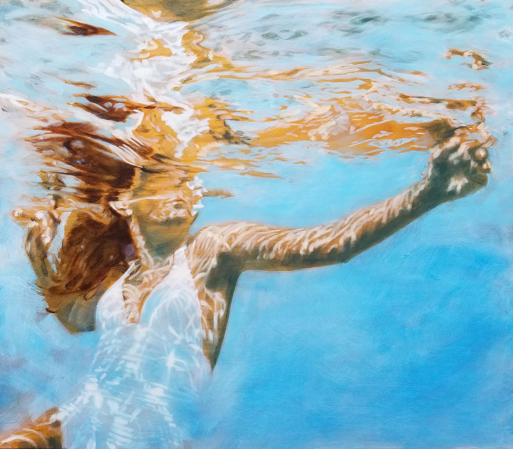 Carol Bennett Figurative Painting - "Carol" Oil painting of a woman in a white swimsuit in a blue pool