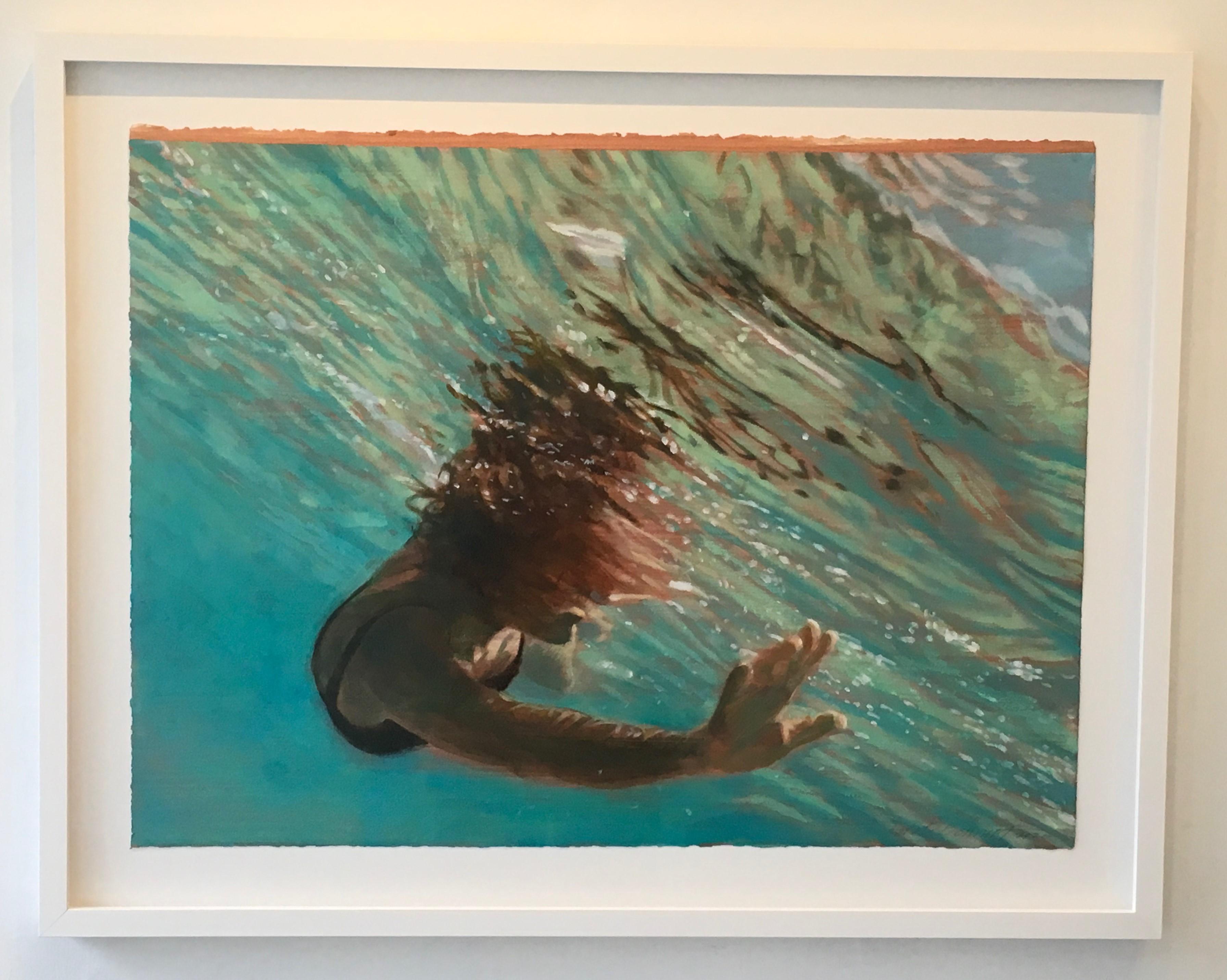 Current, Swimmer, Water, Work on Paper, Blue, Green, Female Figure - Painting by Carol Bennett