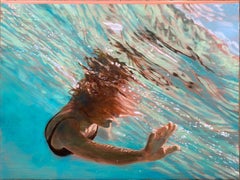 Actuel, nageur, eau, œuvre sur papier, bleu, vert, figure féminine