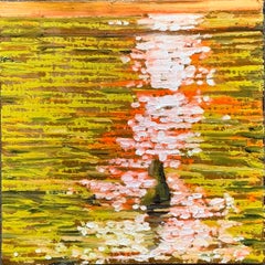 Abstraktes Ölgemälde „Diamonds“ mit funkelndem weißem und orangefarbenem Wasser