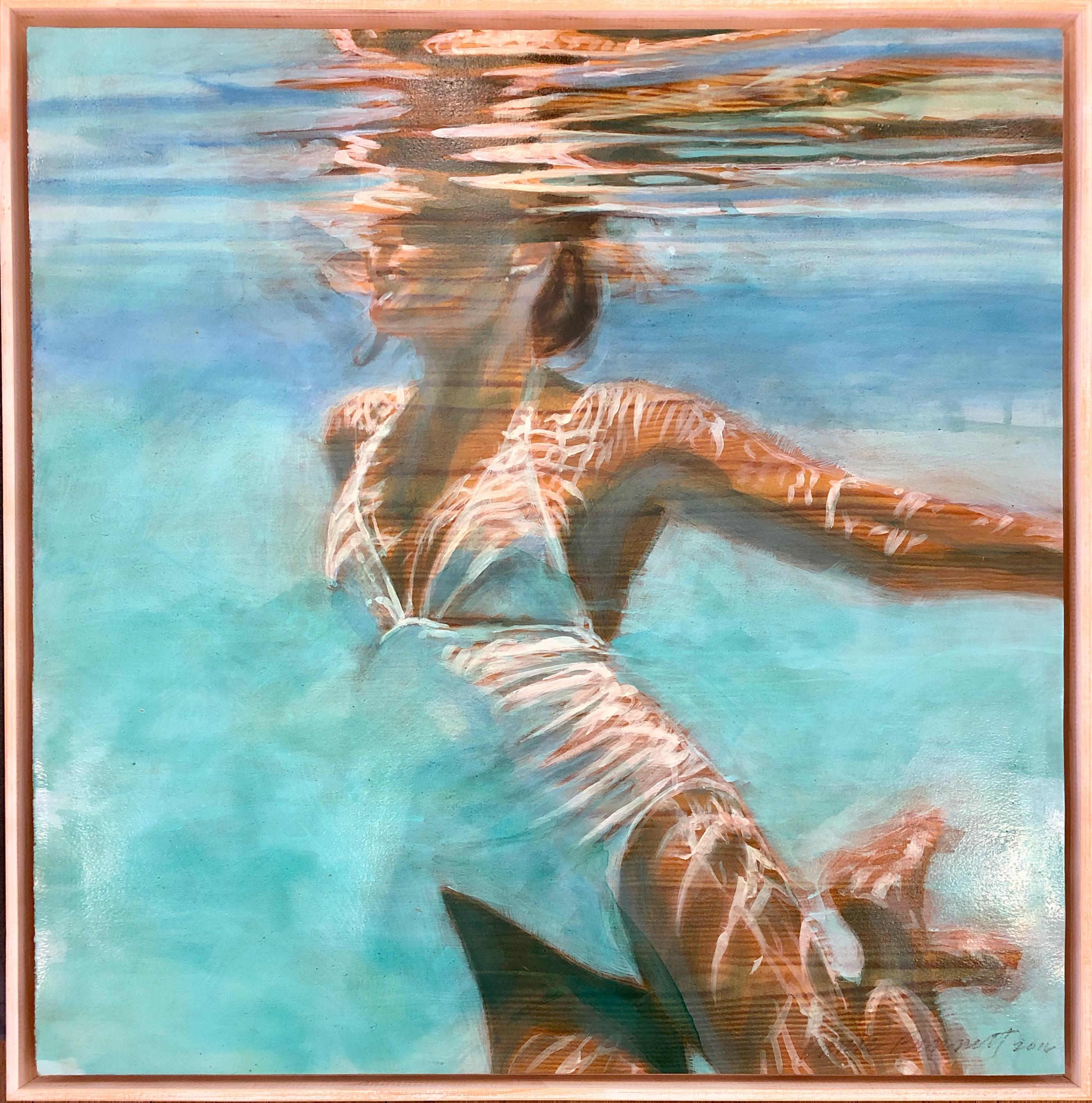 „Dissolve (Square)“ Ölgemälde einer Frau in weißem Badeanzug in einem blauen Pool – Painting von Carol Bennett