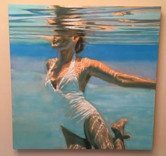 Dissolve, Swimmer, Water, Painting, White, Blue, Female Figure, Beach
