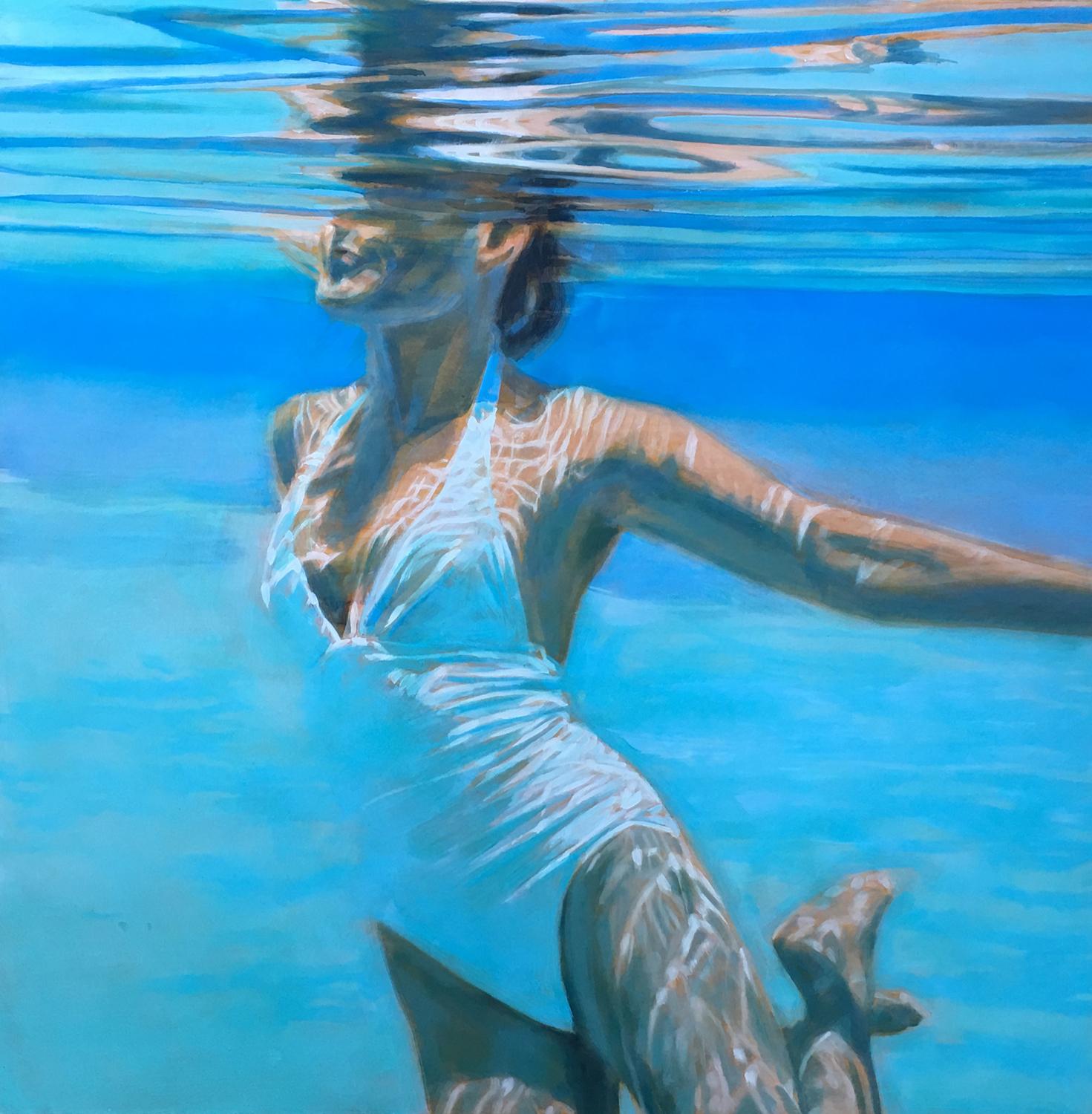 Carol Bennett Figurative Painting - Dissolve, Swimmer, Water, Painting, White, Blue, Female Figure, Beach