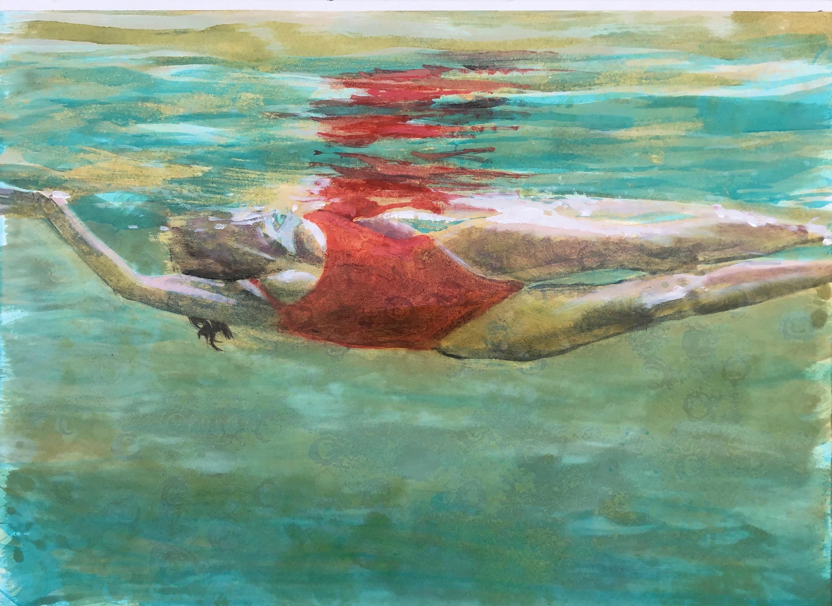 Carol Bennett Figurative Painting - "Effervescence" oil painting of a woman in a red suit in turquoise water