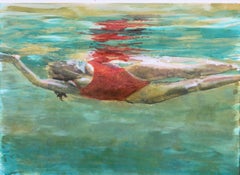 "Effervescence" oil painting of a woman in a red suit in turquoise water