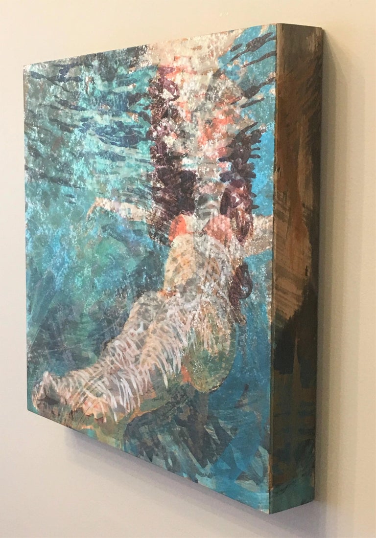 Effervescence is a figurative artwork featuring a female swimmer floating in the water.  It is a mixed media painting.    Artwork is 18 x 18.  This is part of the latest series by Hawaii artist, Carol Bennett.  It is a perfect for a beach