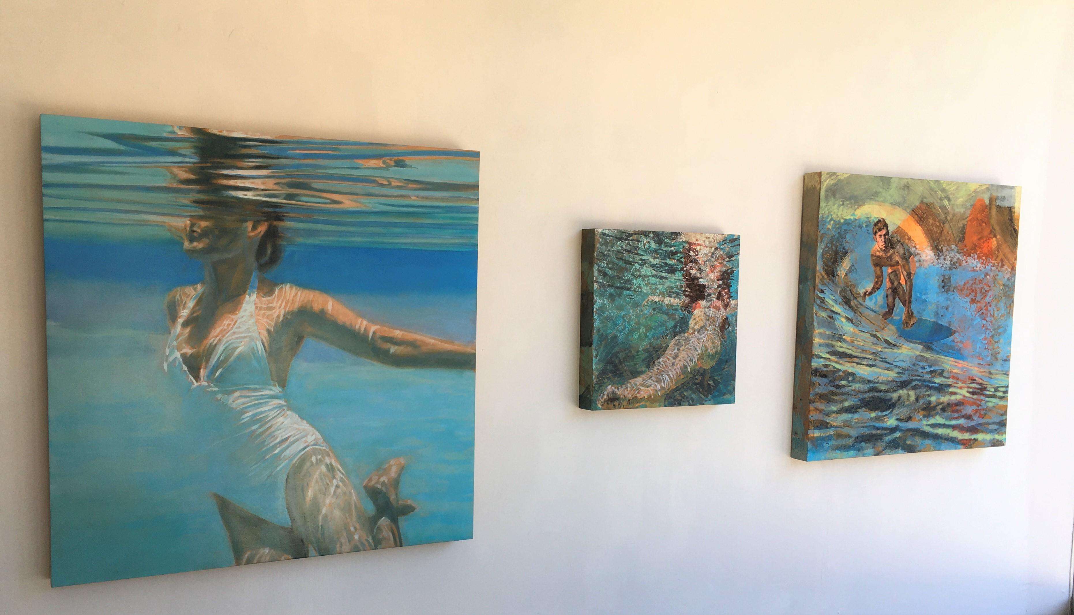 Effervescence is a figurative artwork featuring a female swimmer floating in the water.  It is a mixed media painting.    Artwork is 18 x 18.  This is part of the latest series by Hawaii artist, Carol Bennett.  It is a perfect for a beach