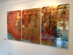 "Ángel de la llama" Pintura abstracta en técnica mixta tríptico invertido detrás de un cristal