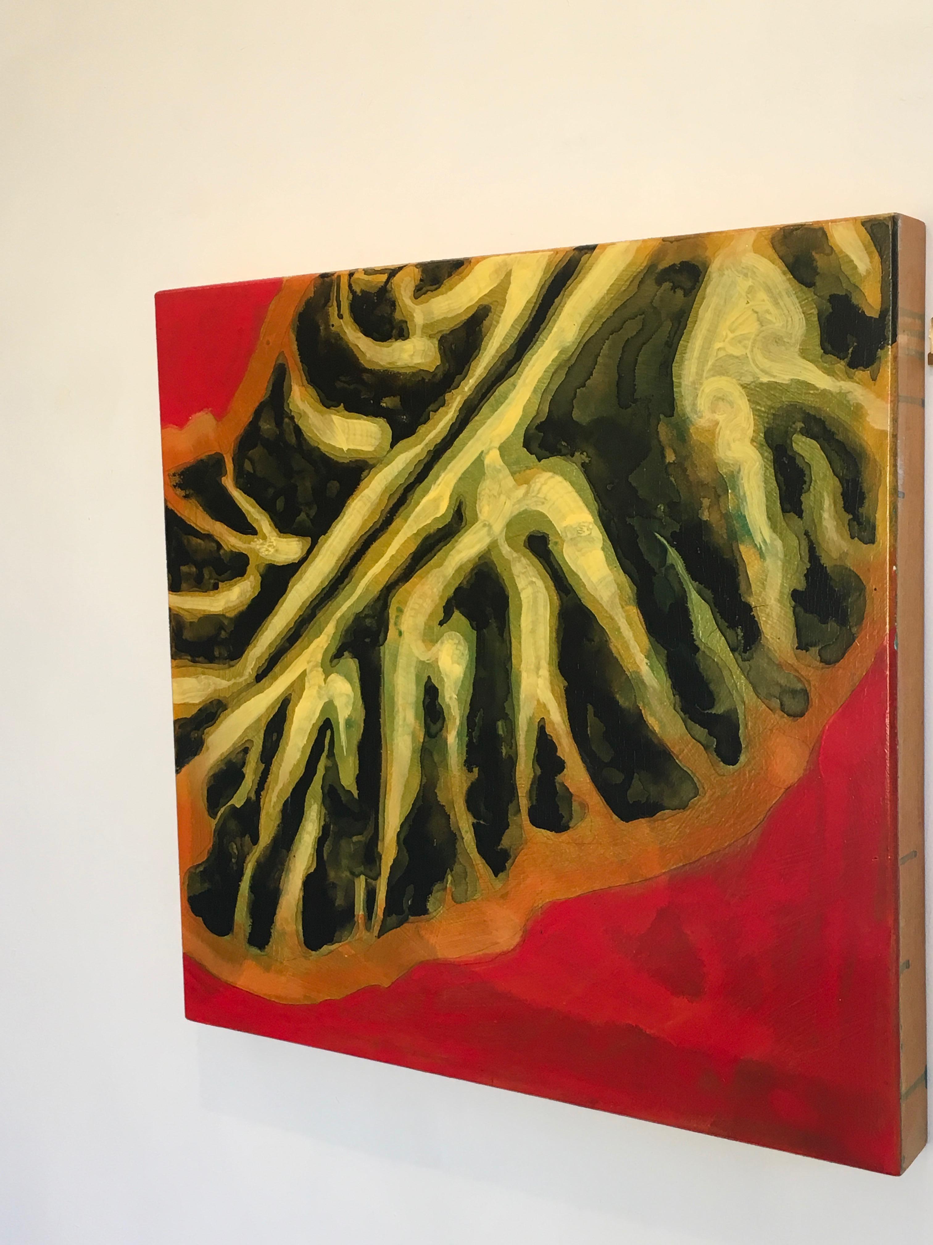 Flat, painting inspired by Hawaii Fish, Red, black, Green, Oil, Ink on panel - Contemporary Painting by Carol Bennett