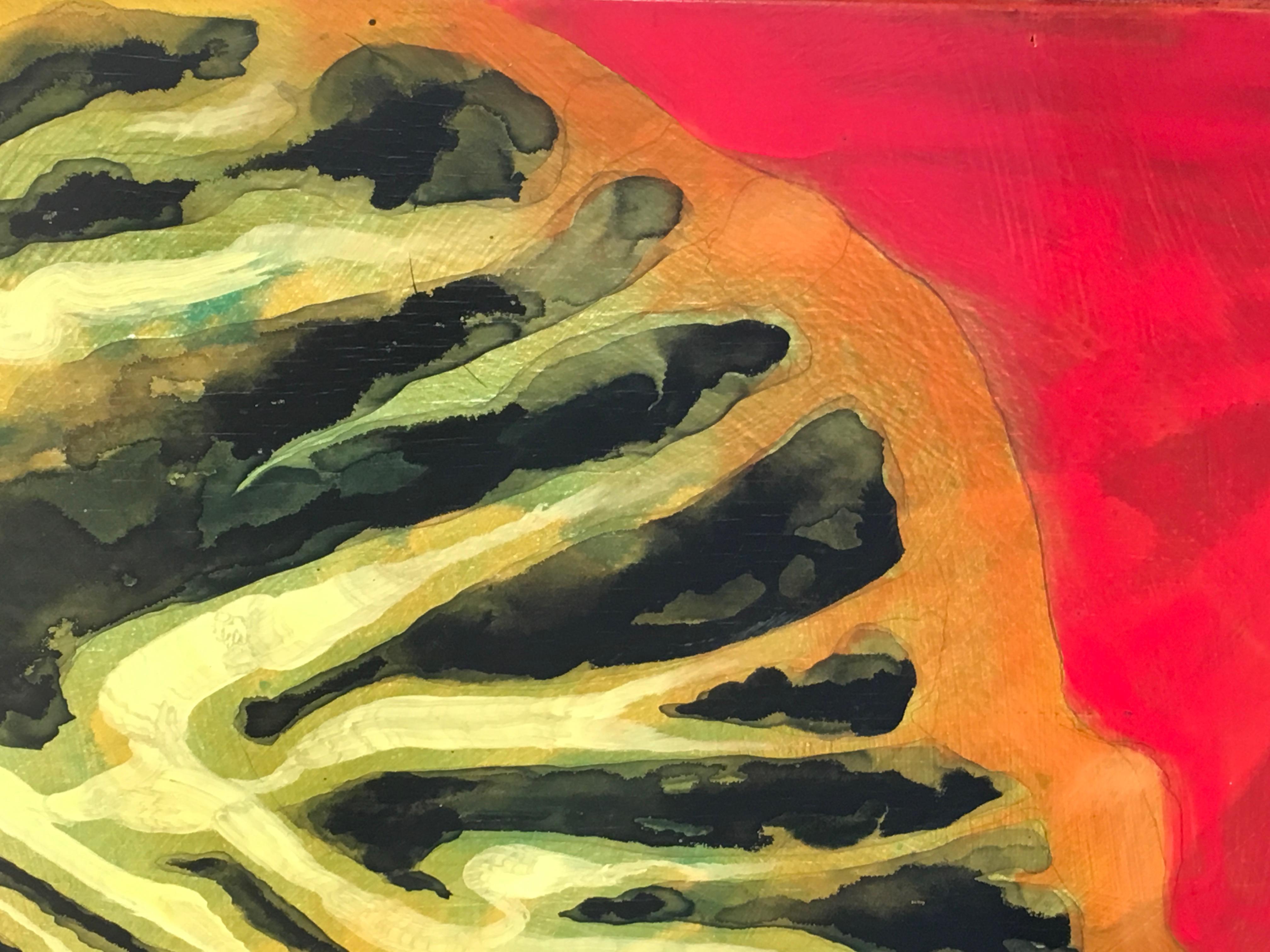 Flat, painting inspired by Hawaii Fish, Red, black, Green, Oil, Ink on panel - Beige Abstract Painting by Carol Bennett