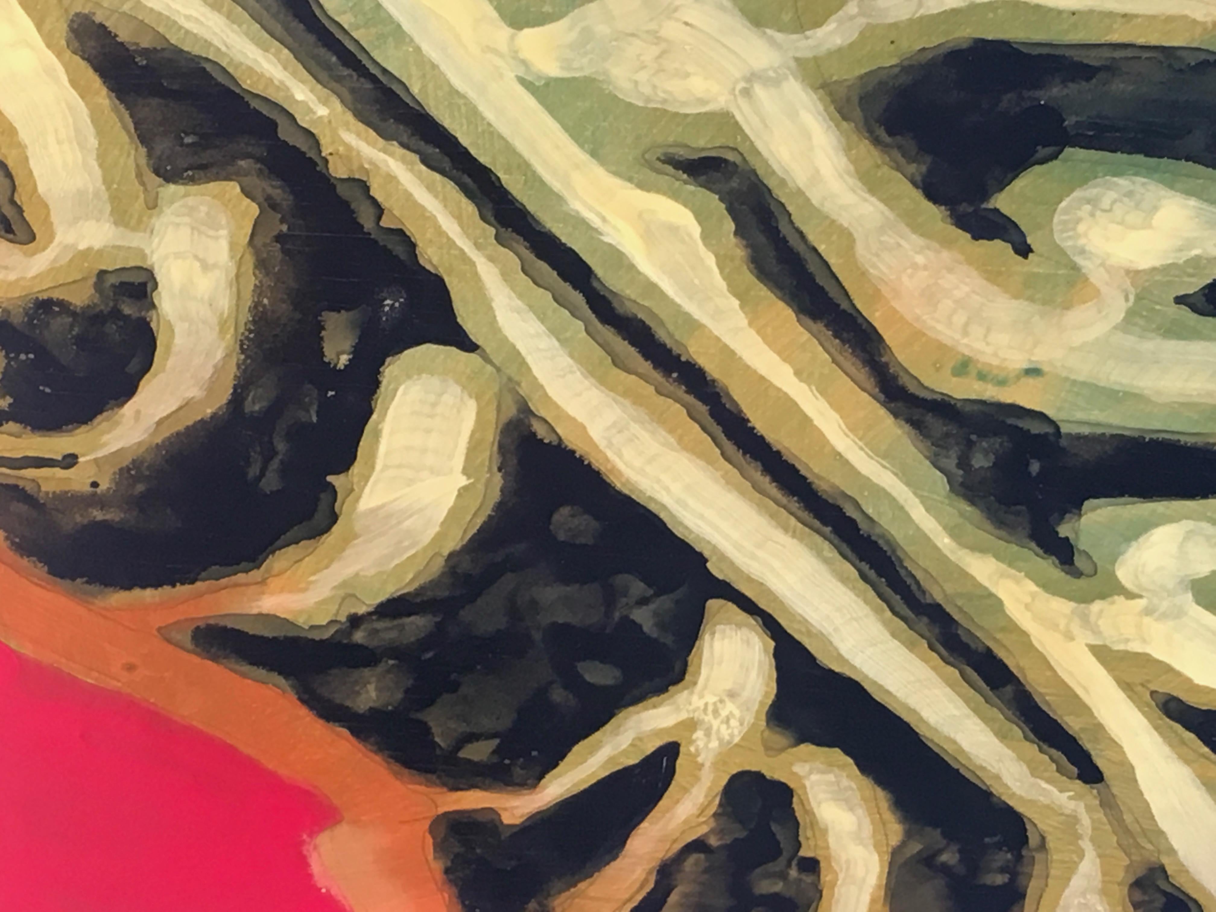 Flaches Gemälde, inspiriert von Hawaii-Fischen, rot, schwarz, grün, Öl, Tinte auf Tafel (Beige), Abstract Painting, von Carol Bennett