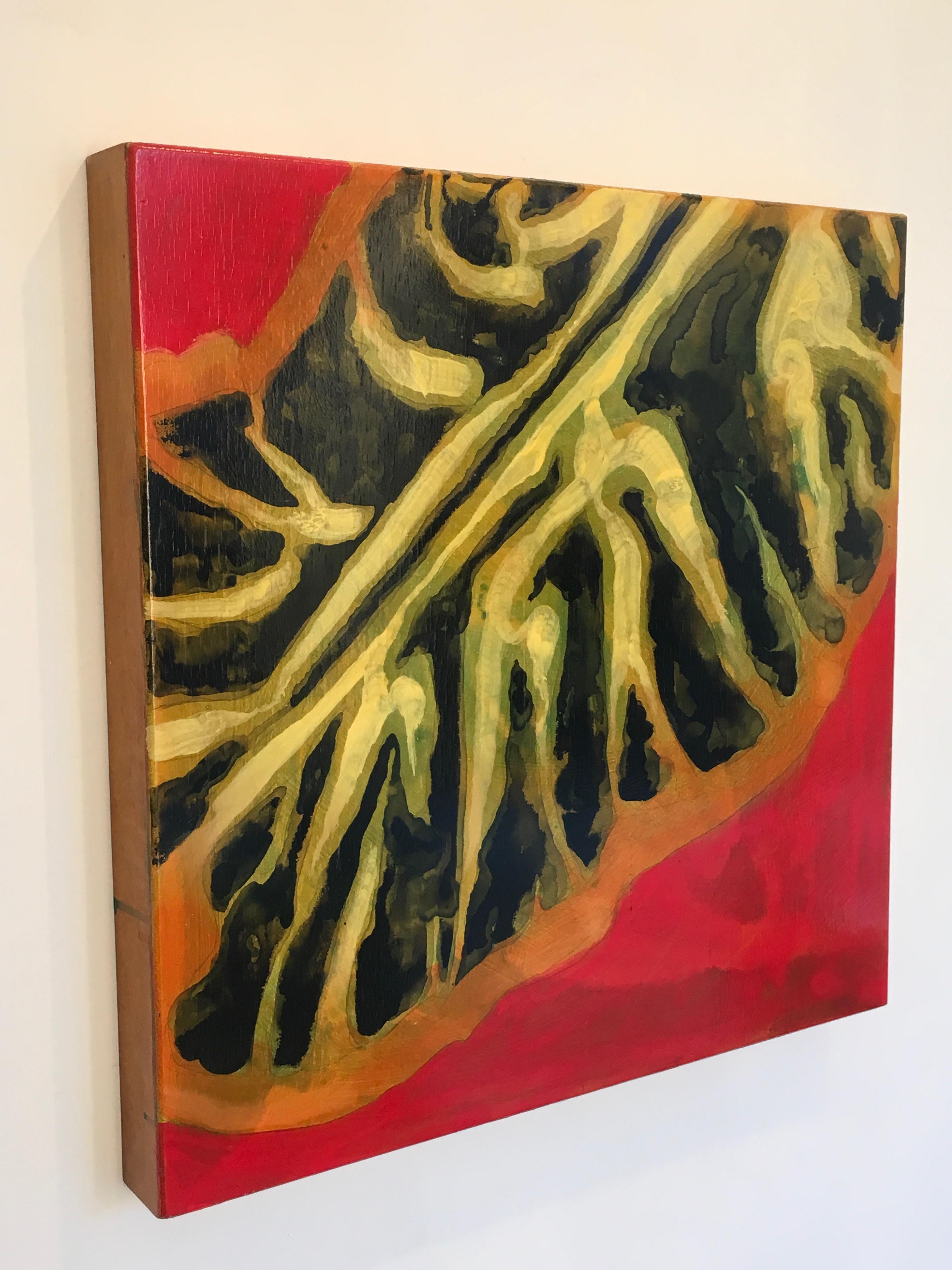 Carol Bennett Abstract Painting – Flaches Gemälde, inspiriert von Hawaii-Fischen, rot, schwarz, grün, Öl, Tinte auf Tafel