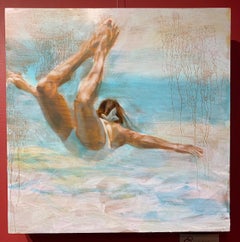 ""Free Floating"" Ölgemälde einer Frau in weißem Badeanzug in einem blauen Pool