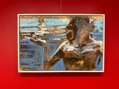 "Gesture (Paper)" mixed media painting of a figure in orange suit in teal water