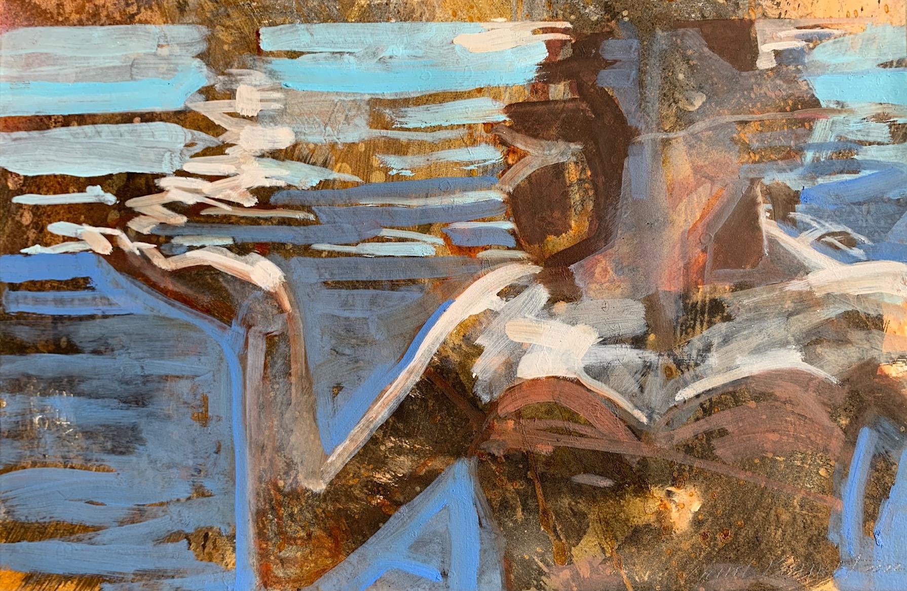 „Gesture (Papier)“ Mixed-Media-Gemälde einer Figur in orangefarbenem Anzug in tealfarbenem Wasser