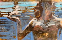 "Gesture (Paper)" mixed media painting of a figure in orange suit in teal water