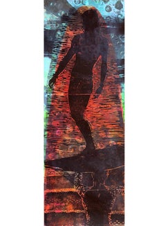 "Women Holding Up Women/Green Flash" mixed media painting, surfer, orange, blue