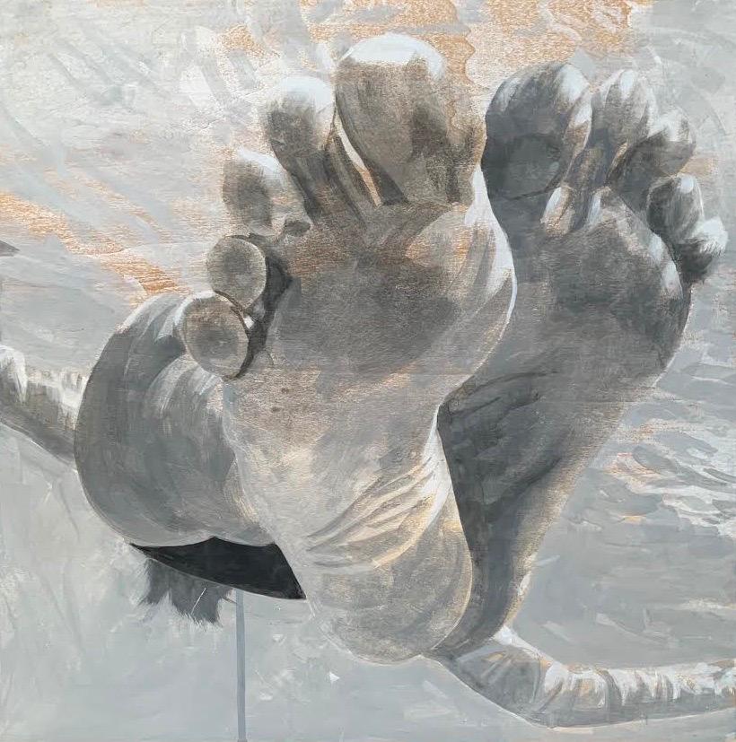 Carol Bennett Figurative Painting - "Hang Time" black and white acrylic painting of feet floating in water 