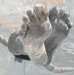 "Hang Time" black and white acrylic painting of feet floating in water 