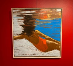 "Hannah's Back" oil painting of a woman swimming underwater in red suit