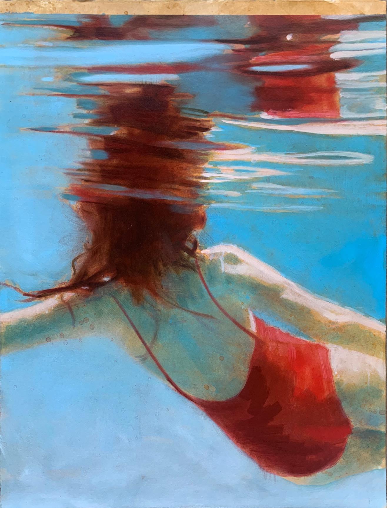 Hannah's Fenster, Swimmer, Wasser, Arbeit auf Papier, roter Badeanzug, weibliche Figur – Painting von Carol Bennett