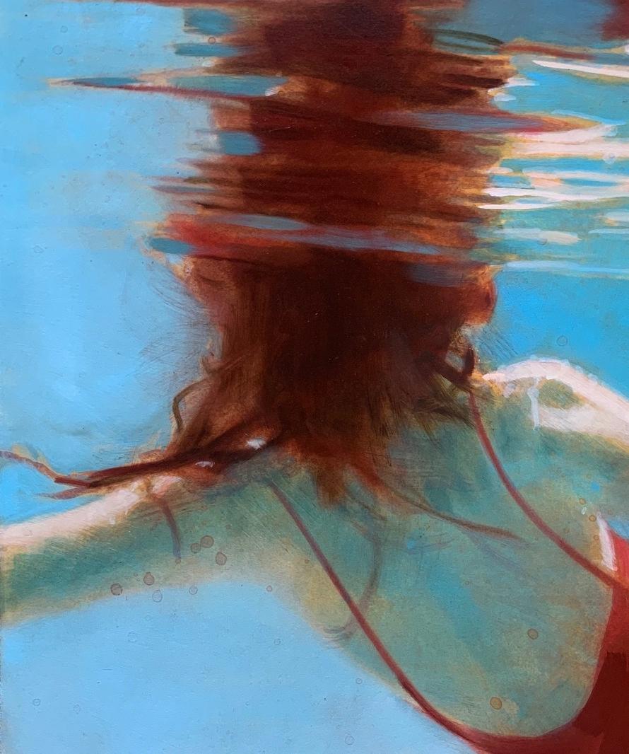 Hannah's Fenster, Swimmer, Wasser, Arbeit auf Papier, roter Badeanzug, weibliche Figur (Zeitgenössisch), Painting, von Carol Bennett