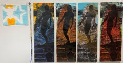 "Women Holding Up Women/Indian Summer" mixed media painting of surfer, orange