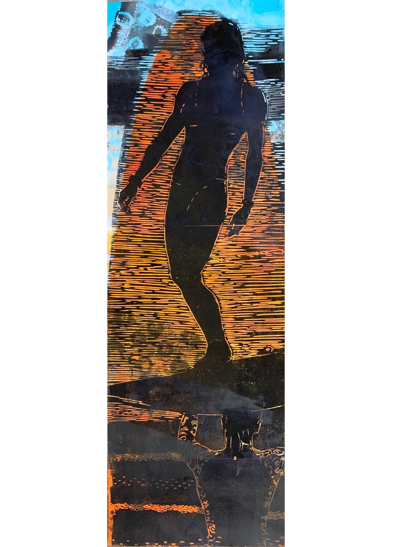Carol Bennett Figurative Painting - "Women Holding Up Women/Indian Summer" mixed media painting of surfer, orange