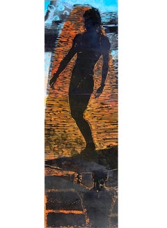 "Women Holding Up Women/Indian Summer" mixed media painting of surfer, orange