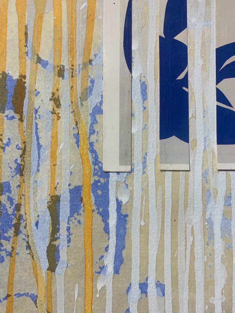 Peinture florale abstraite bleue et jaune Interrupted II (Swim with Matisse) - Gris Figurative Painting par Carol Bennett