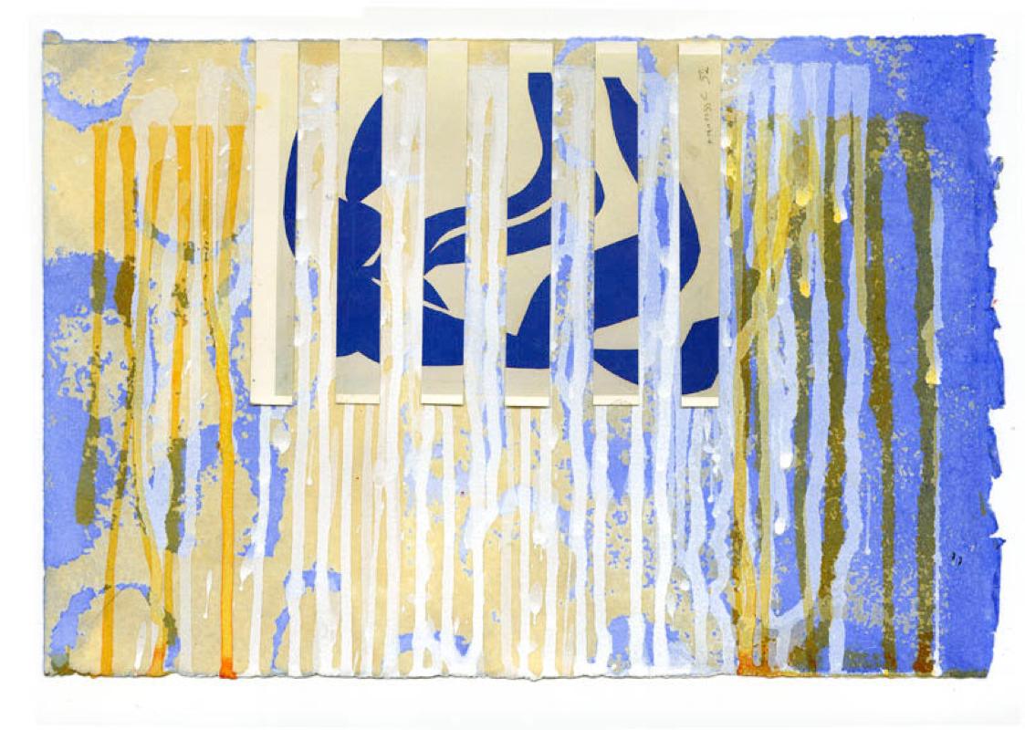 "Interrupted II (Swim with Matisse) Paper" Abstract floral painting blue, yellow